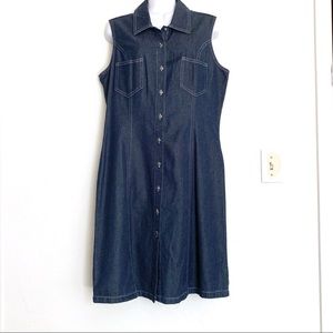 Blue Denim Sleeveless Flare Dress Front Buttons